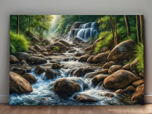 Flusslandschaft mit Wasserfall und Felsen im Wald  – Druck auf Leinwand