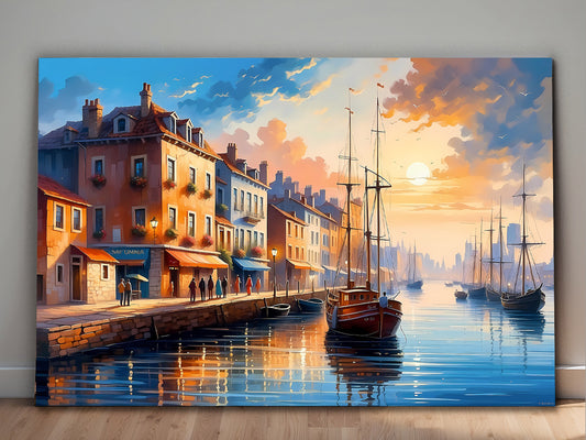 Hafen im Sonnenuntergang – Druck auf Leinwand