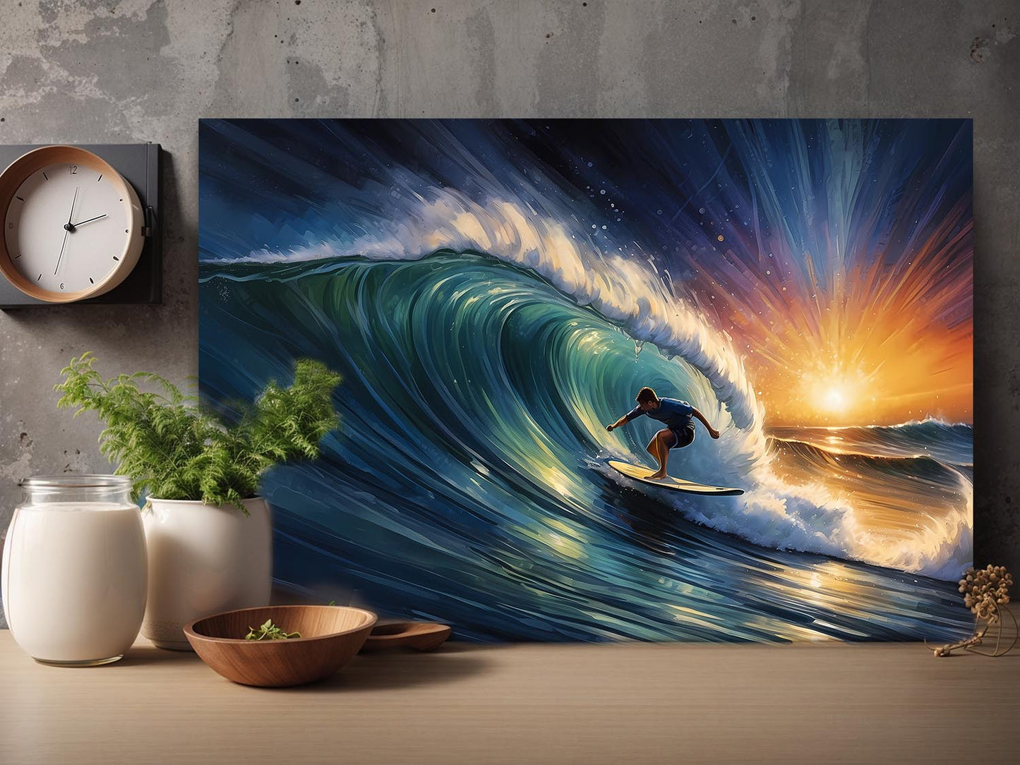 Surfer und Sonne – Druck auf Leinwand