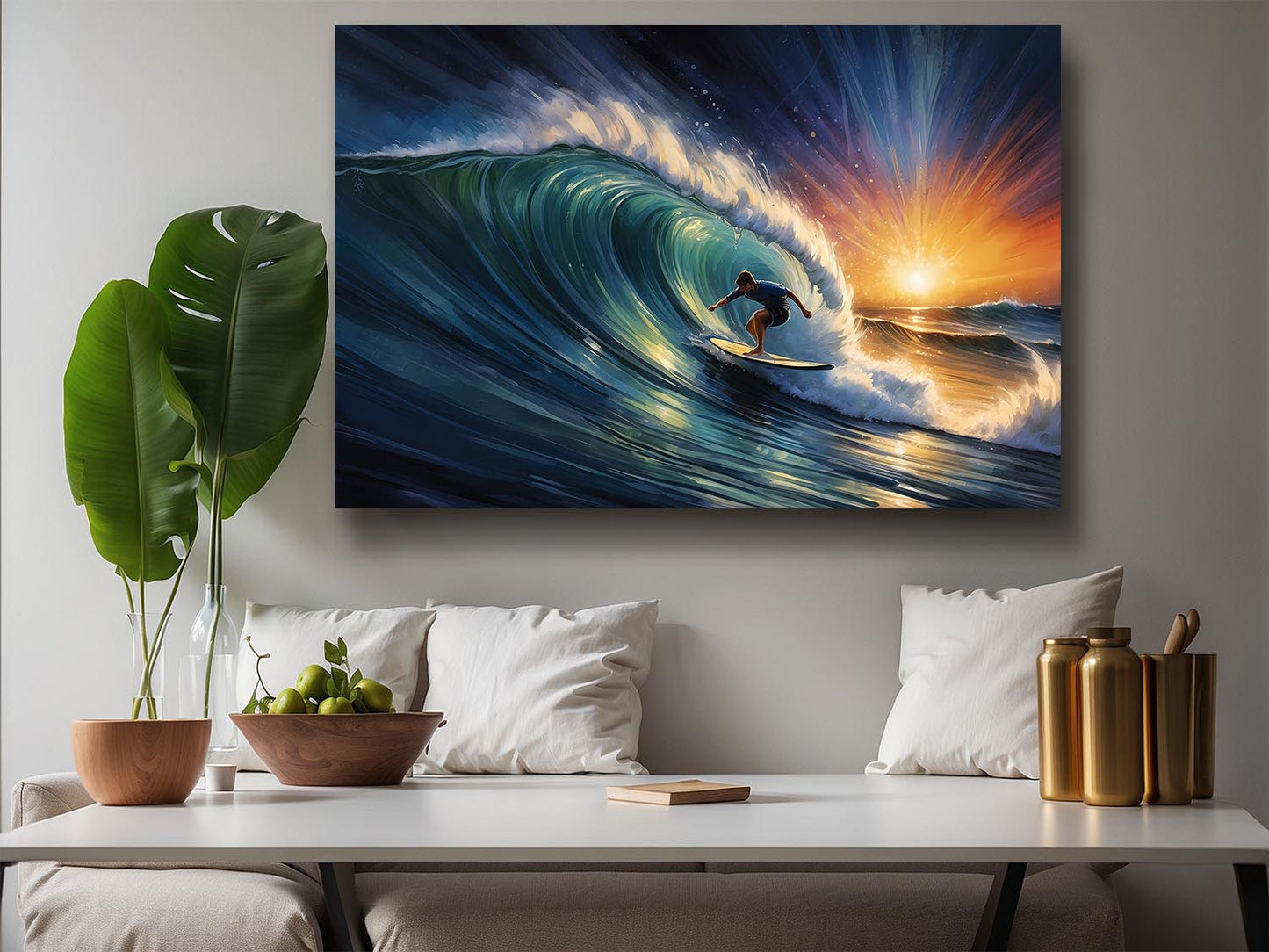 Surfer und Sonne – Druck auf Leinwand