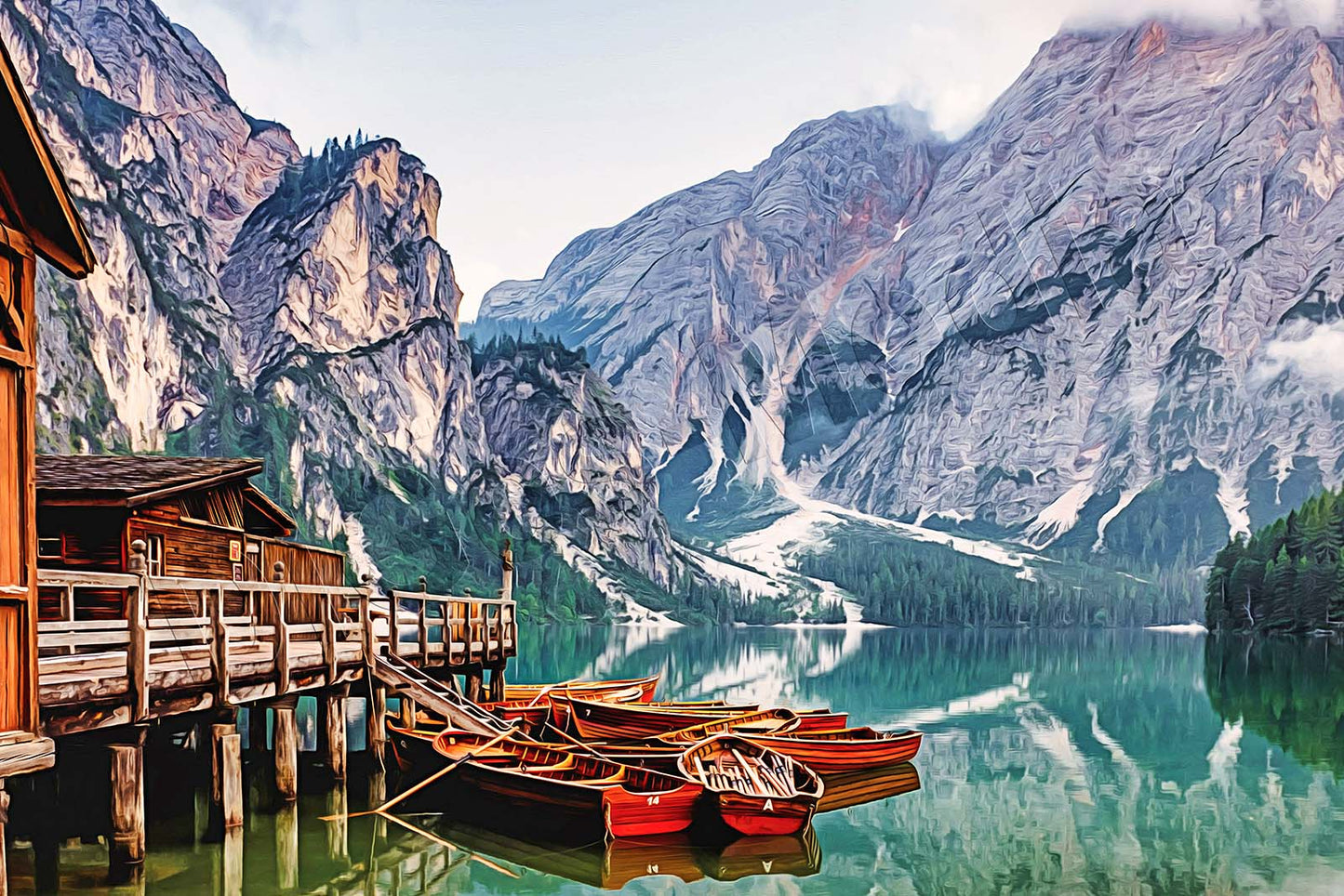 Lago di Braies, Bergsee, Boote, Berge, auf Leinwand, wie Ölgemälde, Digital Art