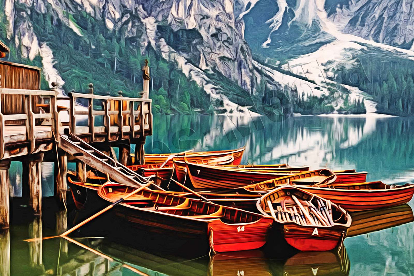 Lago di Braies, Bergsee, Boote, Berge, auf Leinwand, wie Ölgemälde, Digital Art