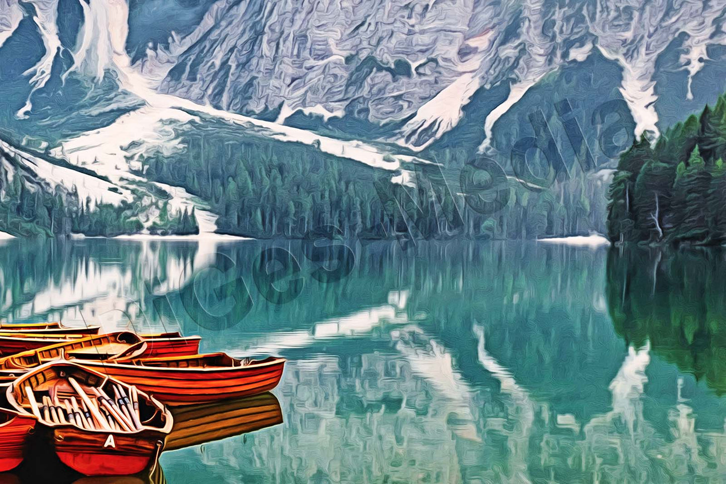 Lago di Braies, Bergsee, Boote, Berge, auf Leinwand, wie Ölgemälde, Digital Art