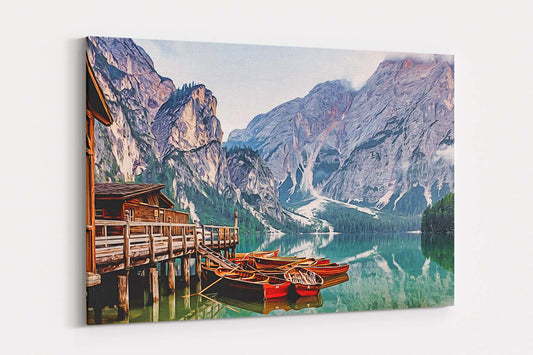 Lago di Braies, Bergsee, Boote, Berge, auf Leinwand, wie Ölgemälde, Digital Art