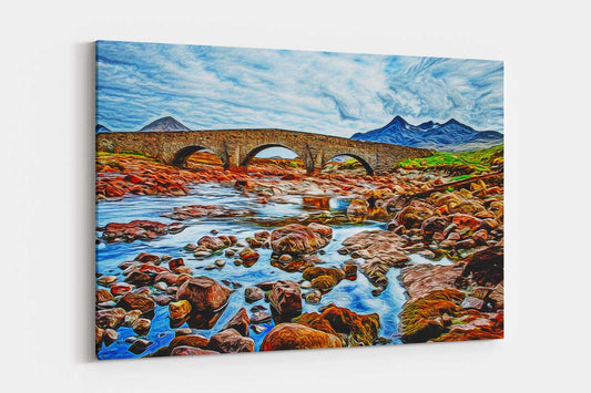 Brücke, Flusslandschaft, Fluss, Berge, auf Leinwand, wie Ölgemälde, Digital Art