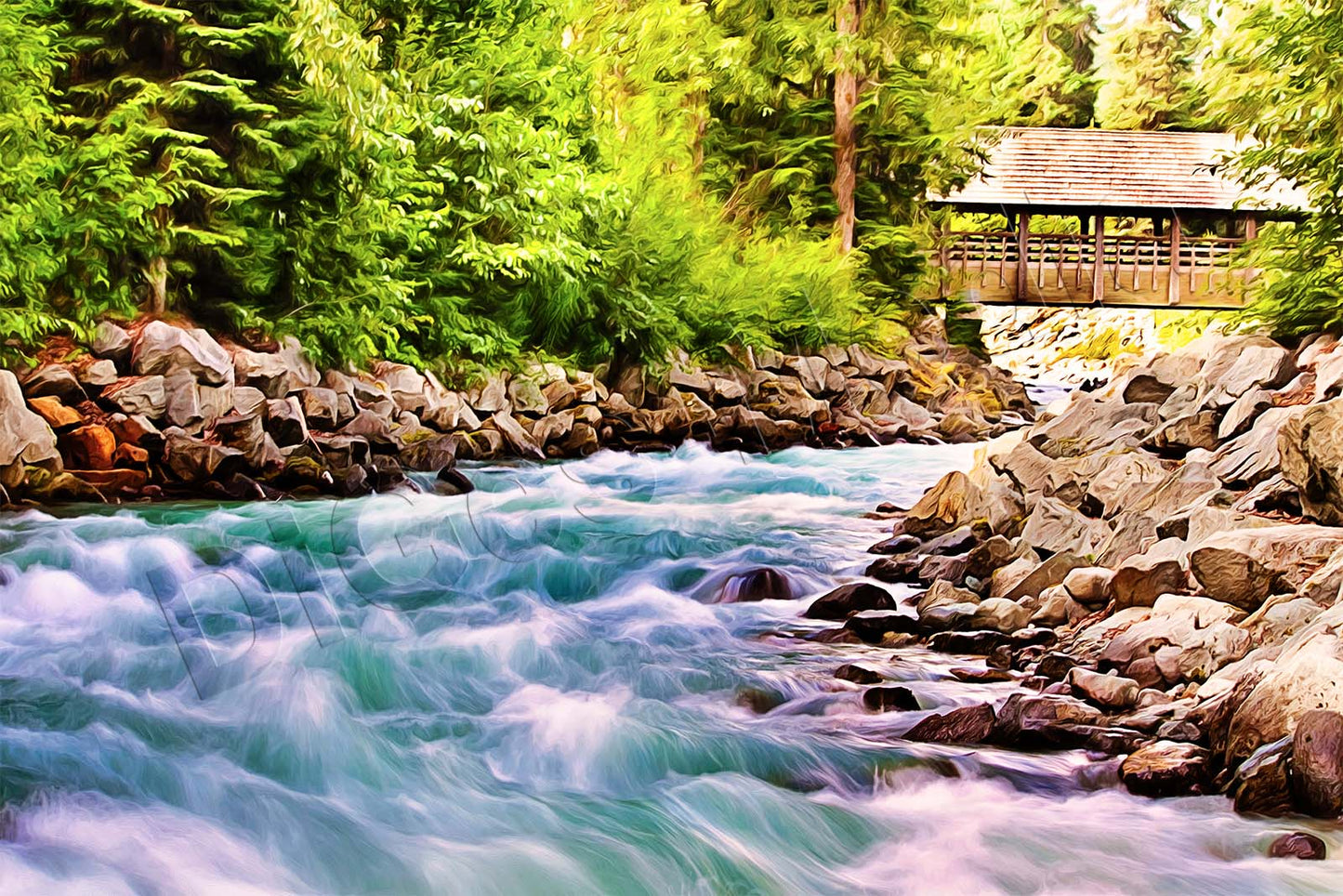 Brücke, Flusslandschaft, Fluss, Berge, auf Leinwand, wie Ölgemälde, Digital Art