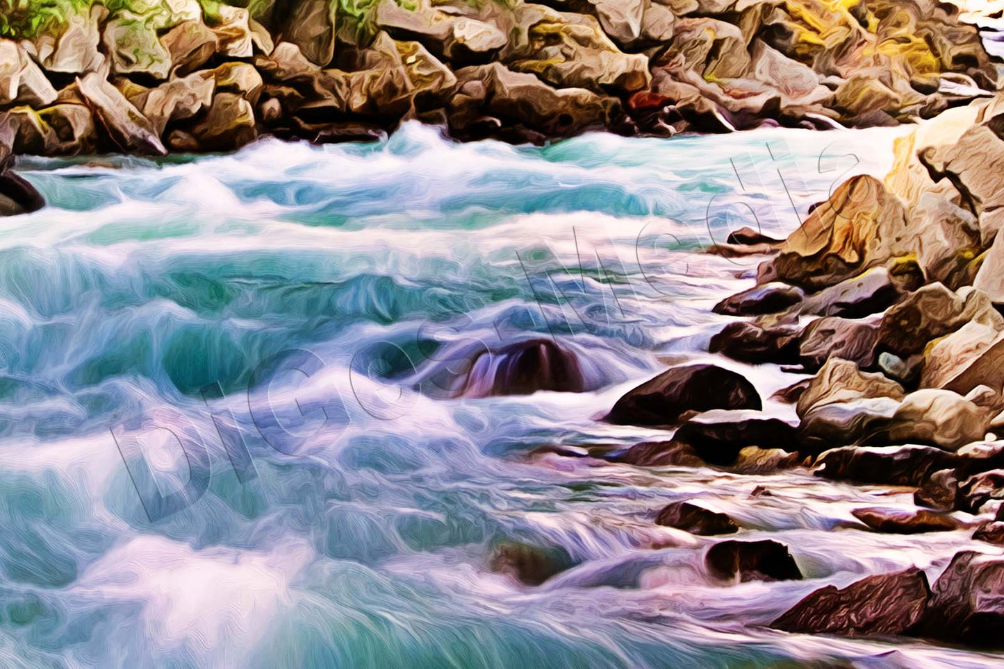 Brücke, Flusslandschaft, Fluss, Berge, auf Leinwand, wie Ölgemälde, Digital Art