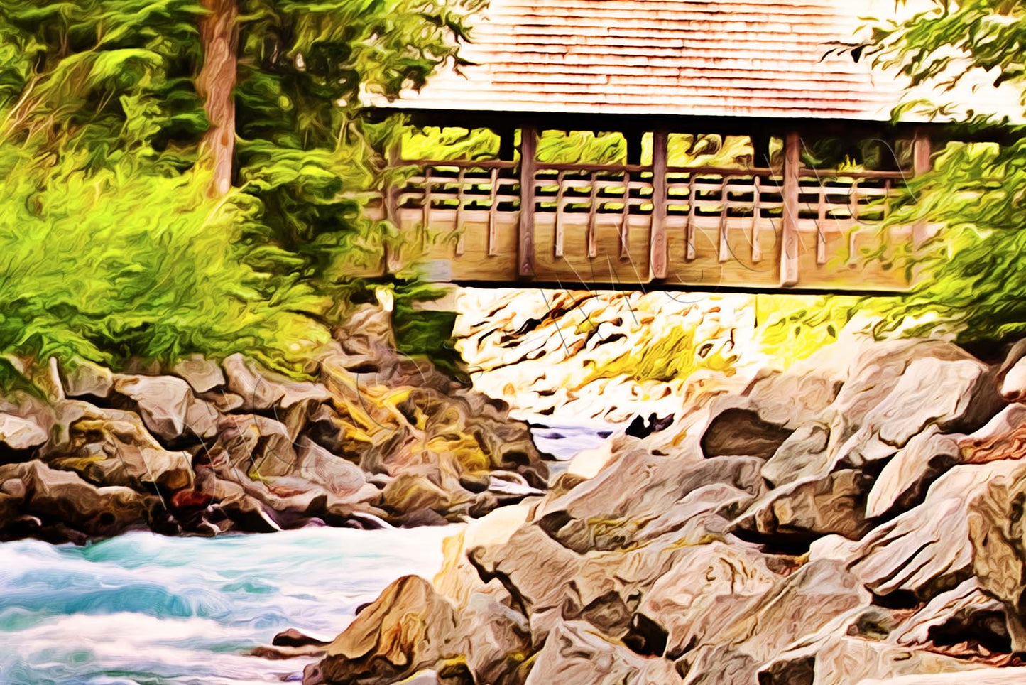 Brücke, Flusslandschaft, Fluss, Berge, auf Leinwand, wie Ölgemälde, Digital Art