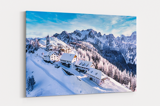 Winterlandschaft mit Blick auf die Alpen auf Leinwand, wie Ölgemälde,