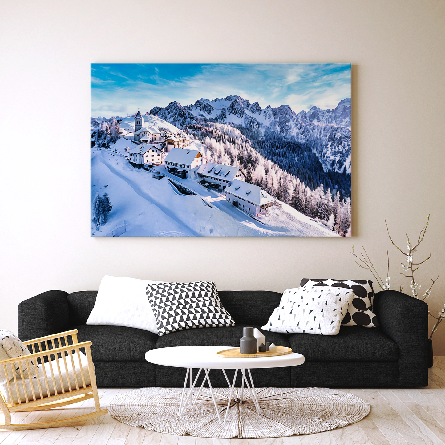 Winterlandschaft mit Blick auf die Alpen auf Leinwand, wie Ölgemälde,