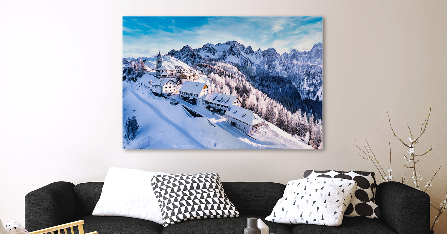 Winterlandschaft mit Blick auf die Alpen auf Leinwand, wie Ölgemälde,